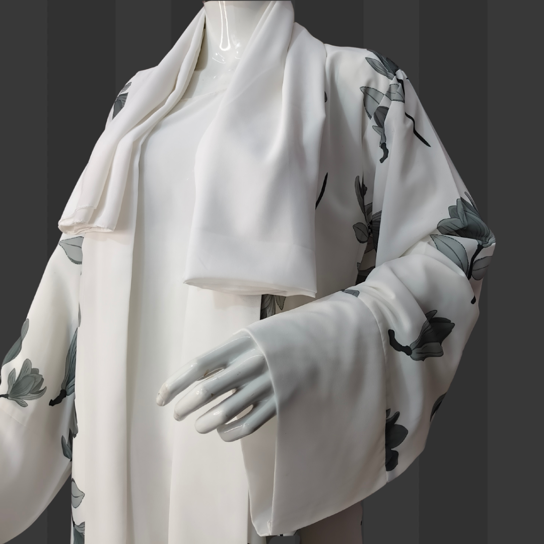 White Floral Elegance Free Size Naqab/Abaya – Lightweight Floral Print | Naqab Always