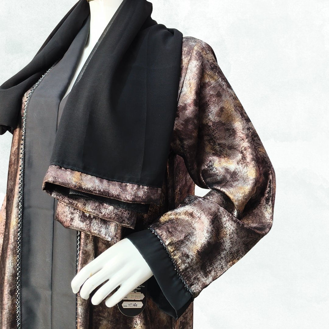 Royal Bronze Shimmer Abaya with Black Contrast – Free Size Sparkle Evening Wear | Naqab Always