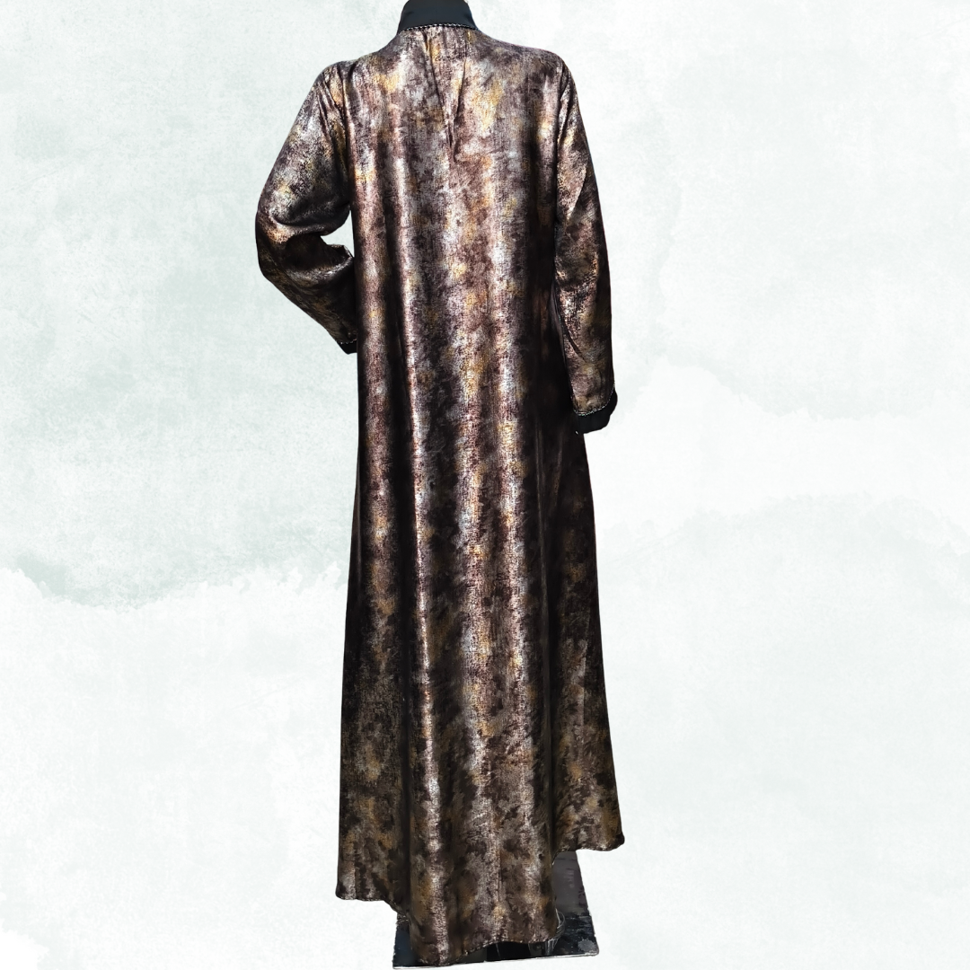 Royal Bronze Shimmer Abaya with Black Contrast – Free Size Sparkle Evening Wear | Naqab Always