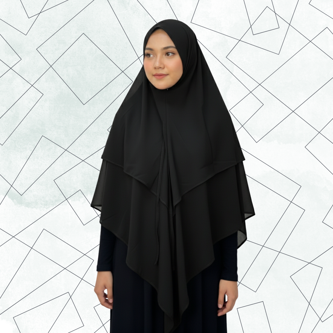 Premium Layered Khimar – Black | Elegant Muslimah Hijab