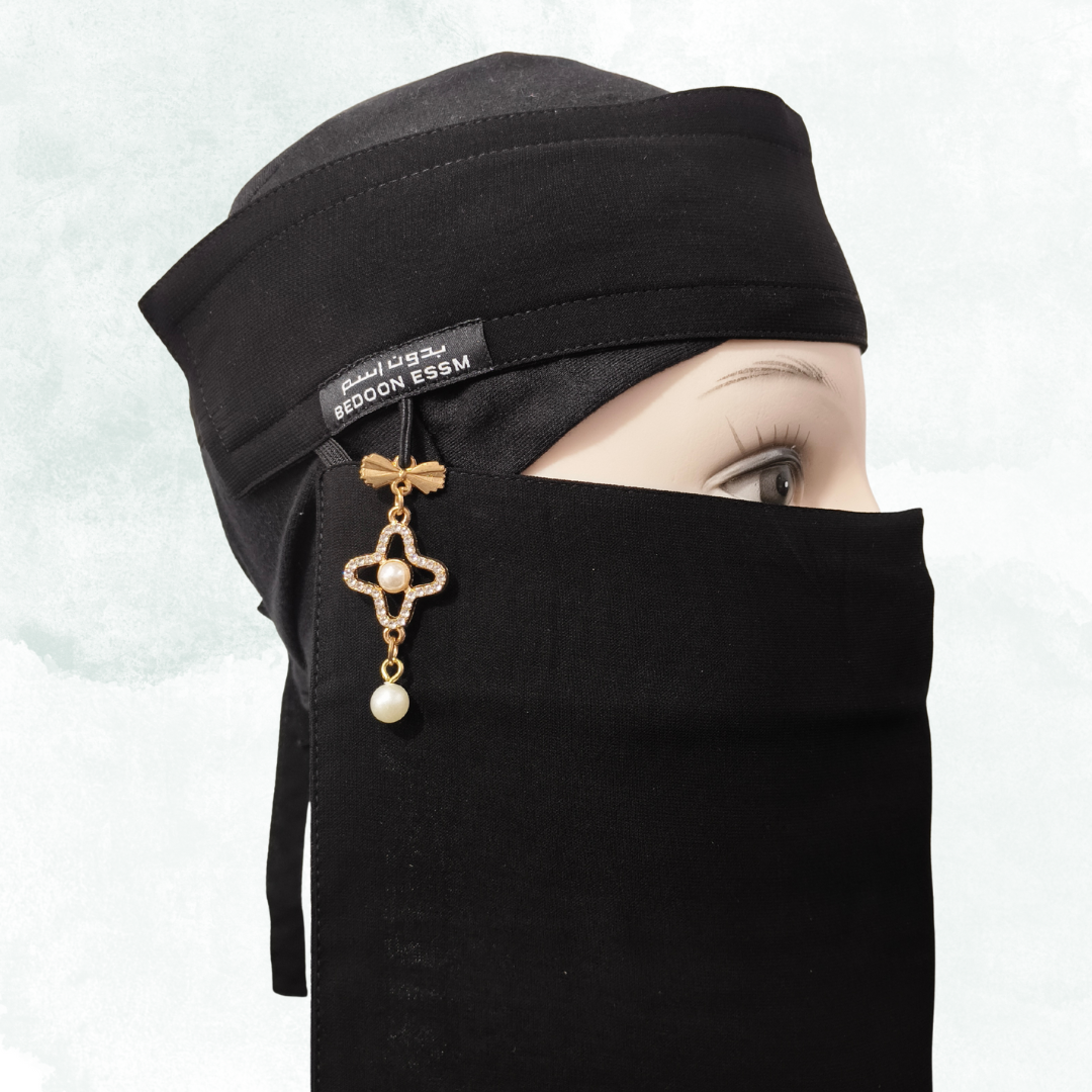 Black Nose Piece with Golden Cross & Pearl Hanging – Elegant Designer Face Cover