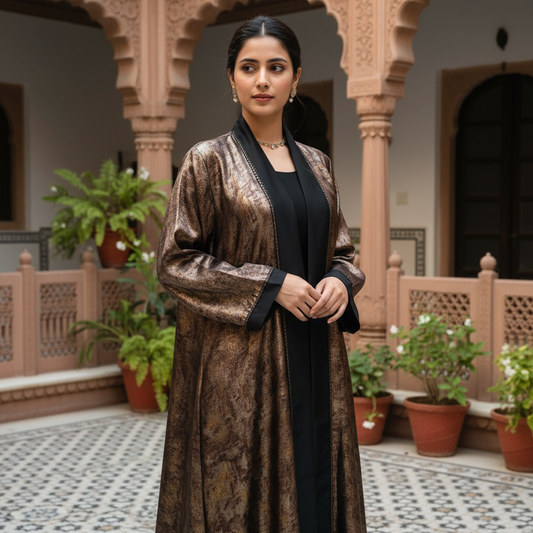Royal Bronze Shimmer Abaya with Black Contrast – Free Size Sparkle Evening Wear | Naqab Always