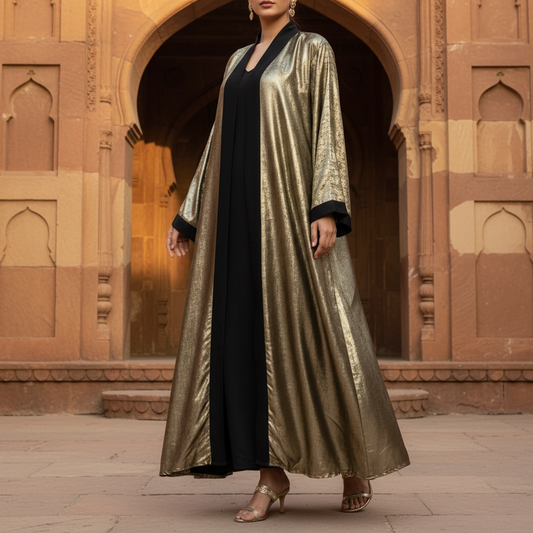 Luxury Metallic Gold Abaya – Free Size Glam Evening Wear | Naqab Always