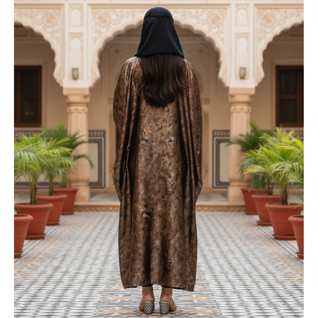 Royal Bronze Shimmer Abaya with Black Contrast – Free Size Sparkle Evening Wear | Naqab Always