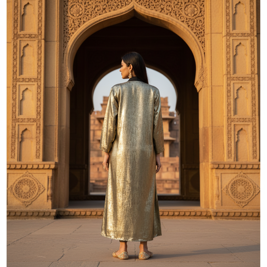 Luxury Metallic Gold Abaya – Free Size Glam Evening Wear | Naqab Always