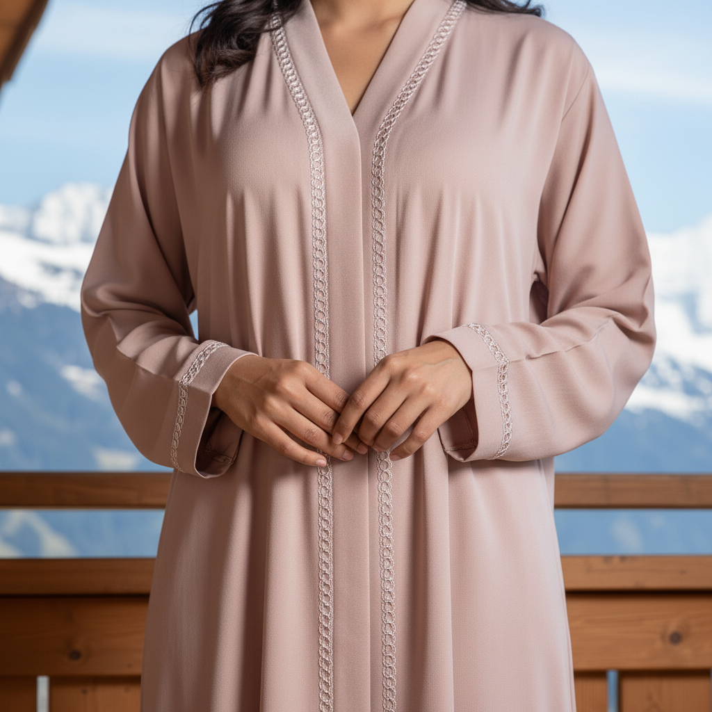 Blush Pink Elegant Abaya with Subtle Lace Detailing – Free Size Modest Wear | Naqab Always
