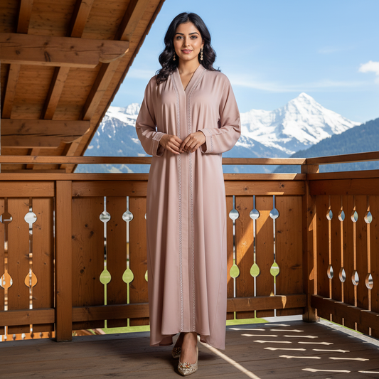 Blush Pink Elegant Abaya with Subtle Lace Detailing – Free Size Modest Wear | Naqab Always