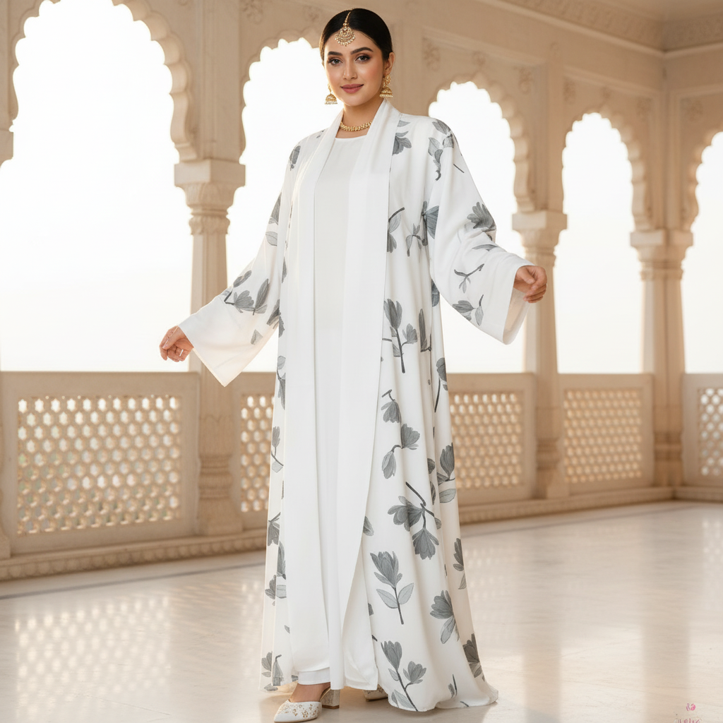 White Floral Elegance Free Size Naqab/Abaya – Lightweight Floral Print | Naqab Always