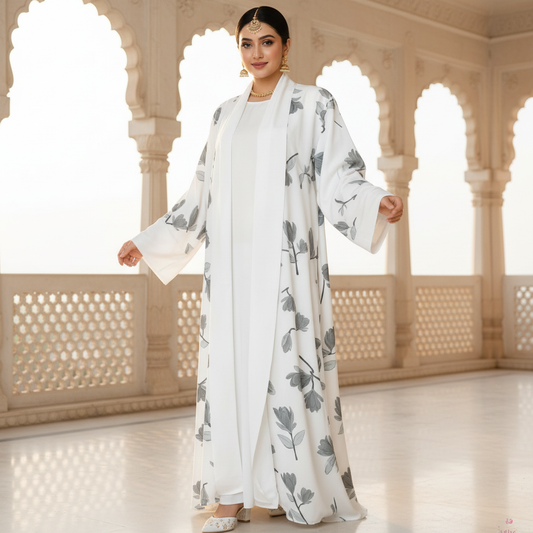 White Floral Elegance Free Size Naqab/Abaya – Lightweight Floral Print | Naqab Always