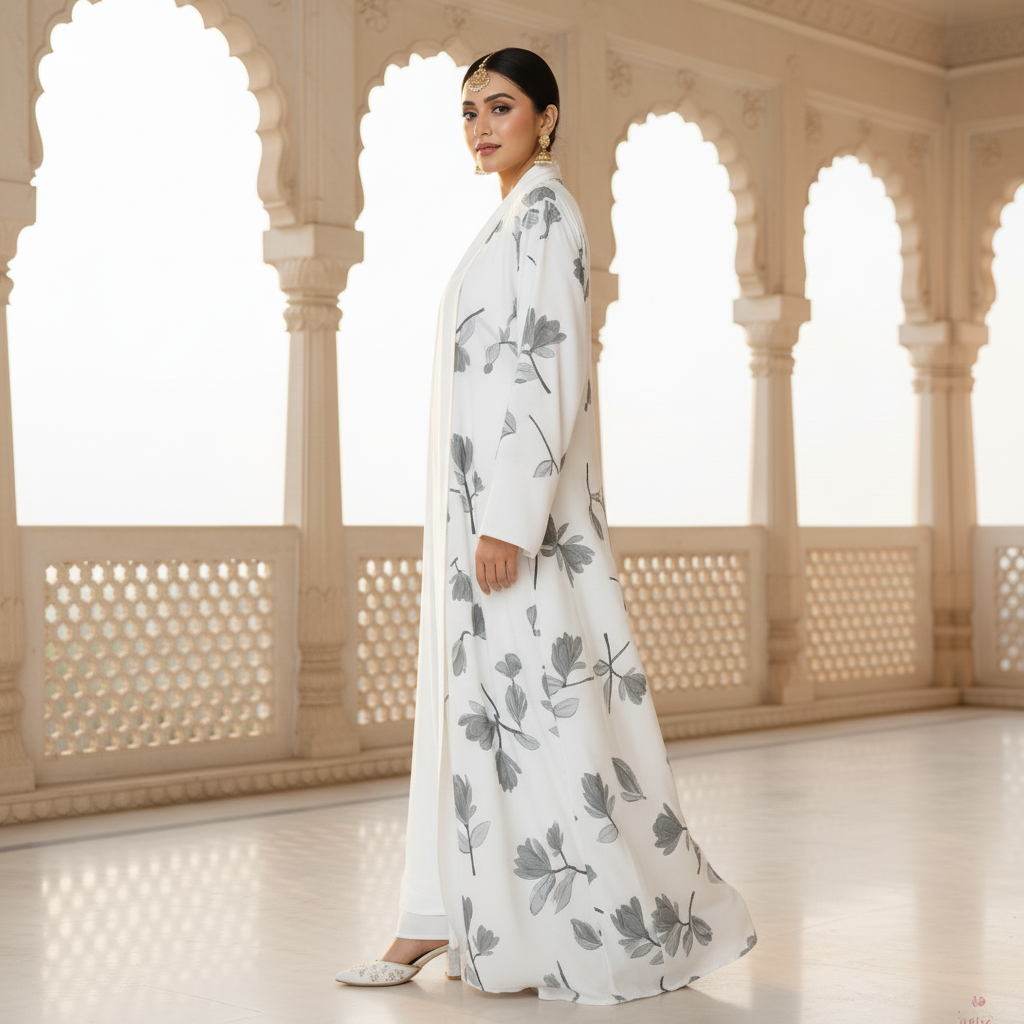 White Floral Elegance Free Size Naqab/Abaya – Lightweight Floral Print | Naqab Always