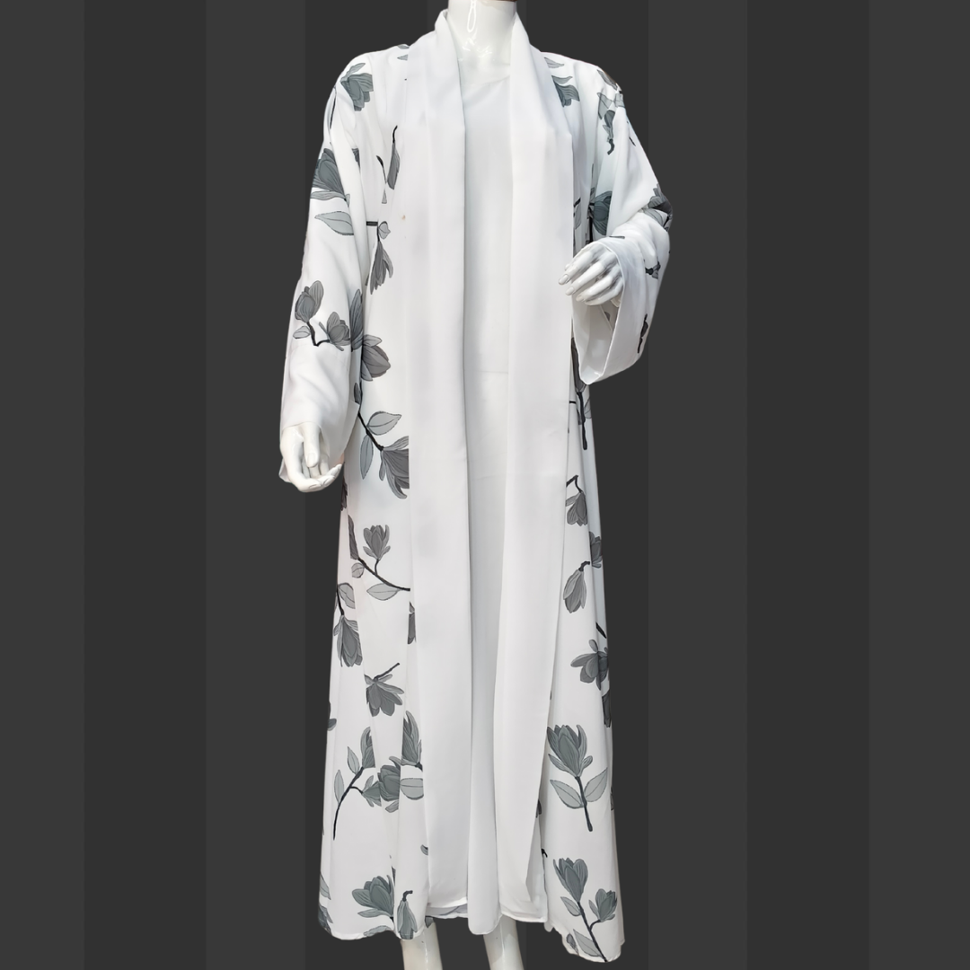 White Floral Elegance Free Size Naqab/Abaya – Lightweight Floral Print | Naqab Always