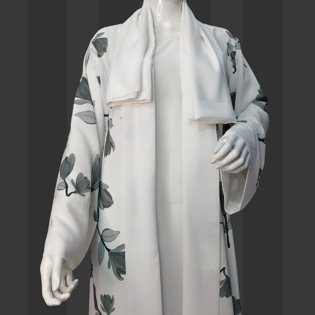 White Floral Elegance Free Size Naqab/Abaya – Lightweight Floral Print | Naqab Always