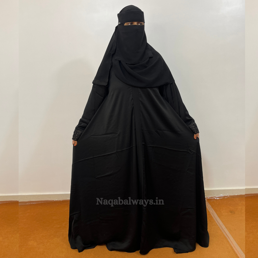 Premium Front Closed Naqab with Handwork Sleeves – Black