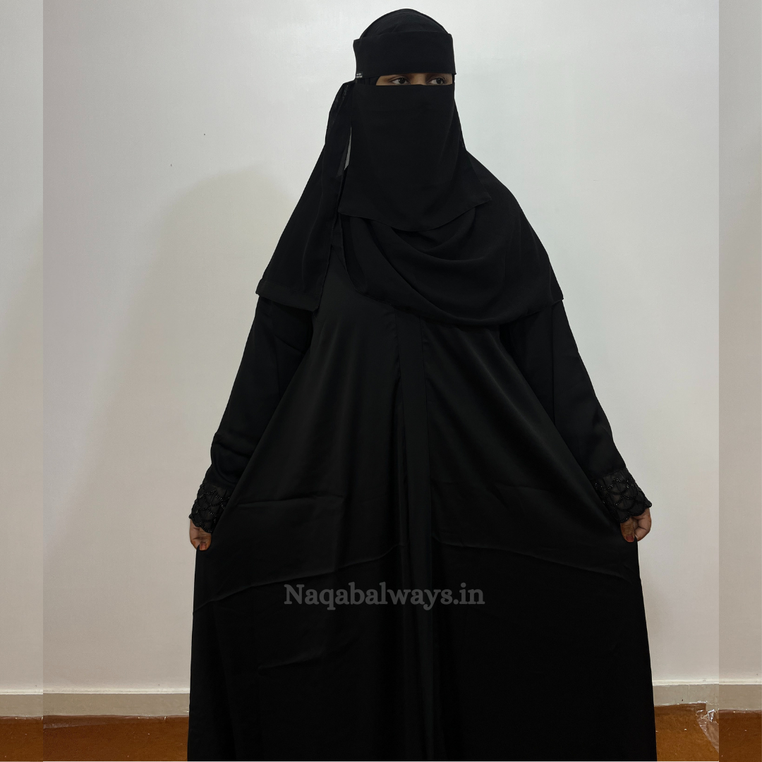 Premium Front Closed Naqab with Handwork Sleeves – Black