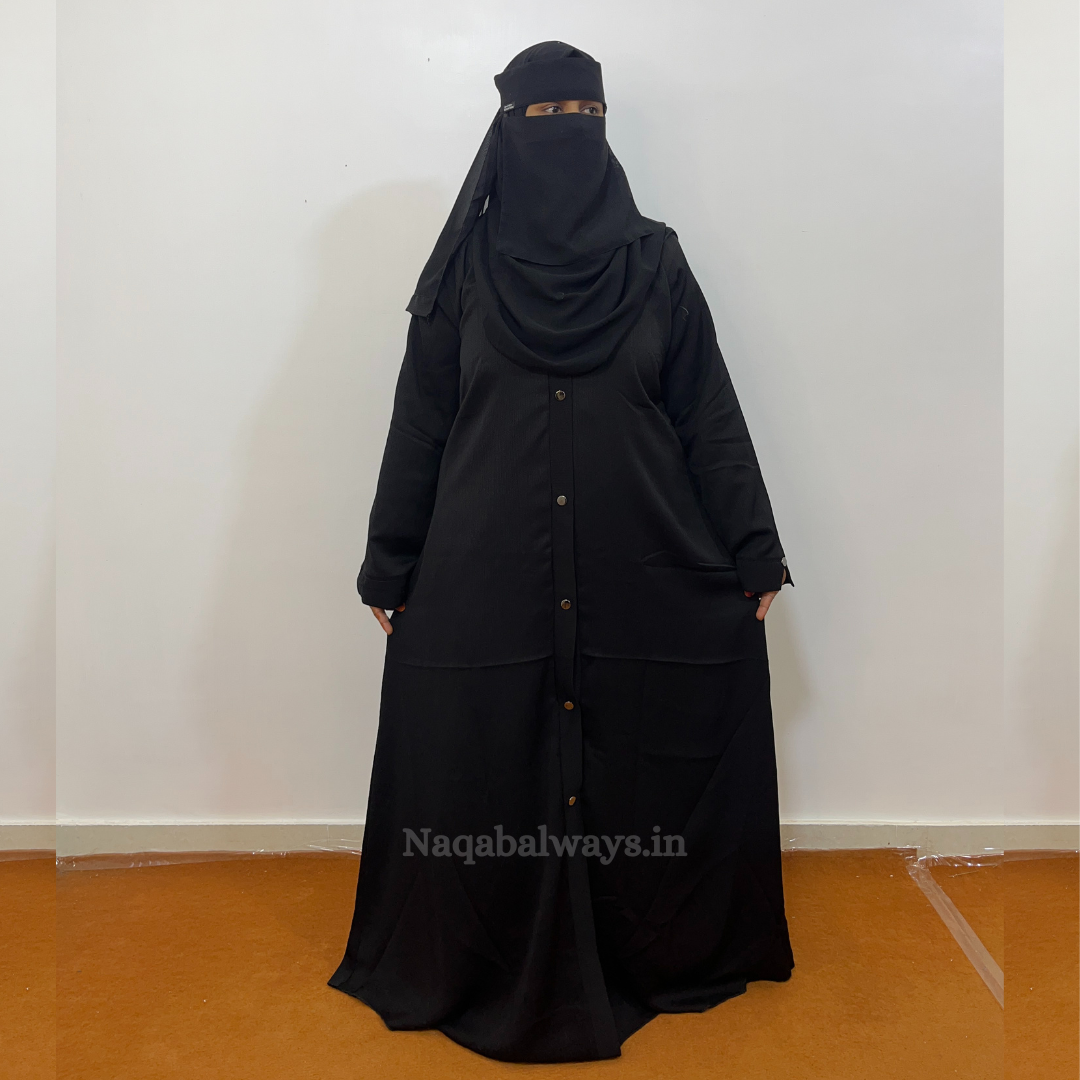 Front Open Naqab with Golden Buttons – Premium Black