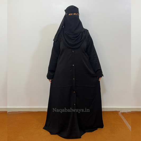 Front Open Naqab with Golden Buttons – Premium Black