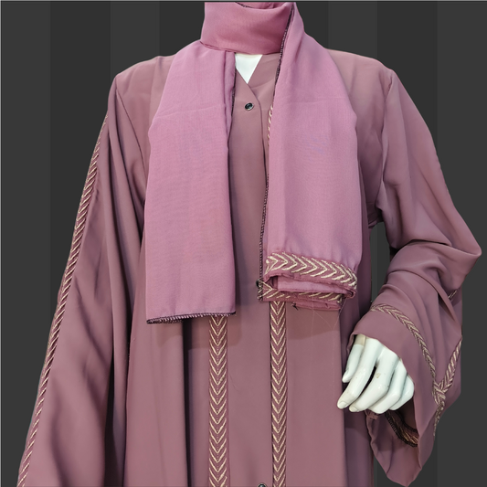 Striped Mulberry Abaya with Embroidered Detailing – Free Size Elegant Modest Wear | Naqab Always