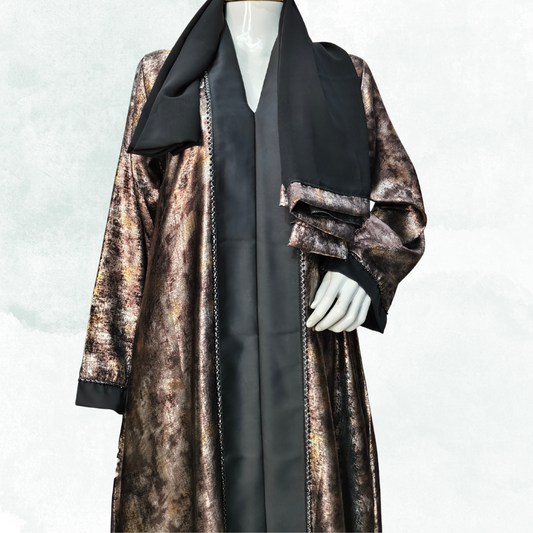 Royal Bronze Shimmer Abaya with Black Contrast – Free Size Sparkle Evening Wear | Naqab Always