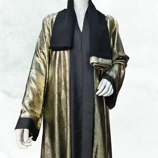 Luxury Metallic Gold Abaya – Free Size Glam Evening Wear | Naqab Always