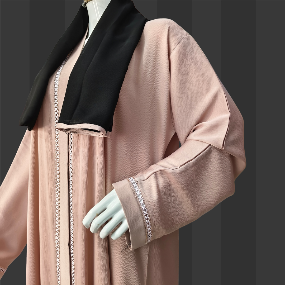 Blush Pink Elegant Abaya with Subtle Lace Detailing – Free Size Modest Wear | Naqab Always
