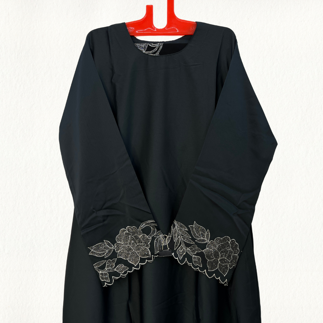 Elegant Abaya with Floral Sleeve Stone Work