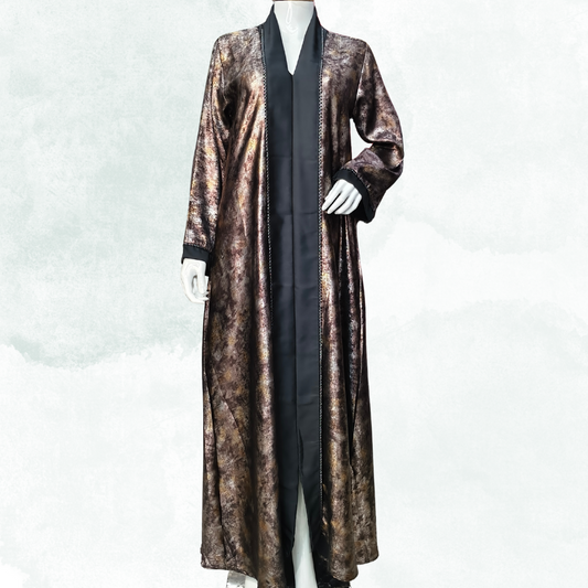 Royal Bronze Shimmer Abaya with Black Contrast – Free Size Sparkle Evening Wear | Naqab Always