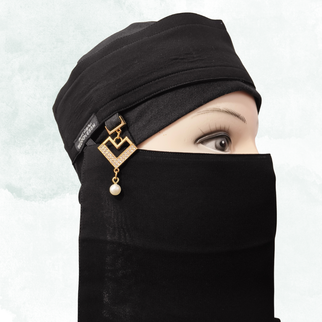 Elegant Black Nose Piece with Golden V-Shape Pearl Accessory | Premium Modest Wear