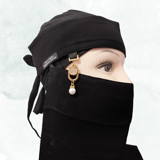 Black Nose Piece with Golden Pearl Drop Hanging – Stylish & Comfortable Face Cover