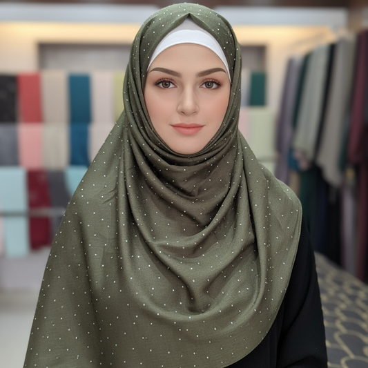 Golden Pleated Stone Hijab – Graceful Look with Elegant Detailing