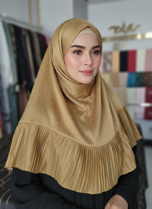Golden Pleated Stone Hijab – Graceful Look with Elegant Detailing