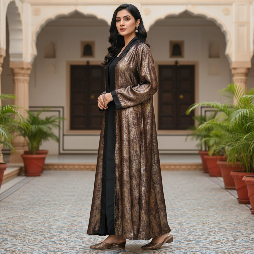 Royal Bronze Shimmer Abaya with Black Contrast – Free Size Sparkle Evening Wear | Naqab Always