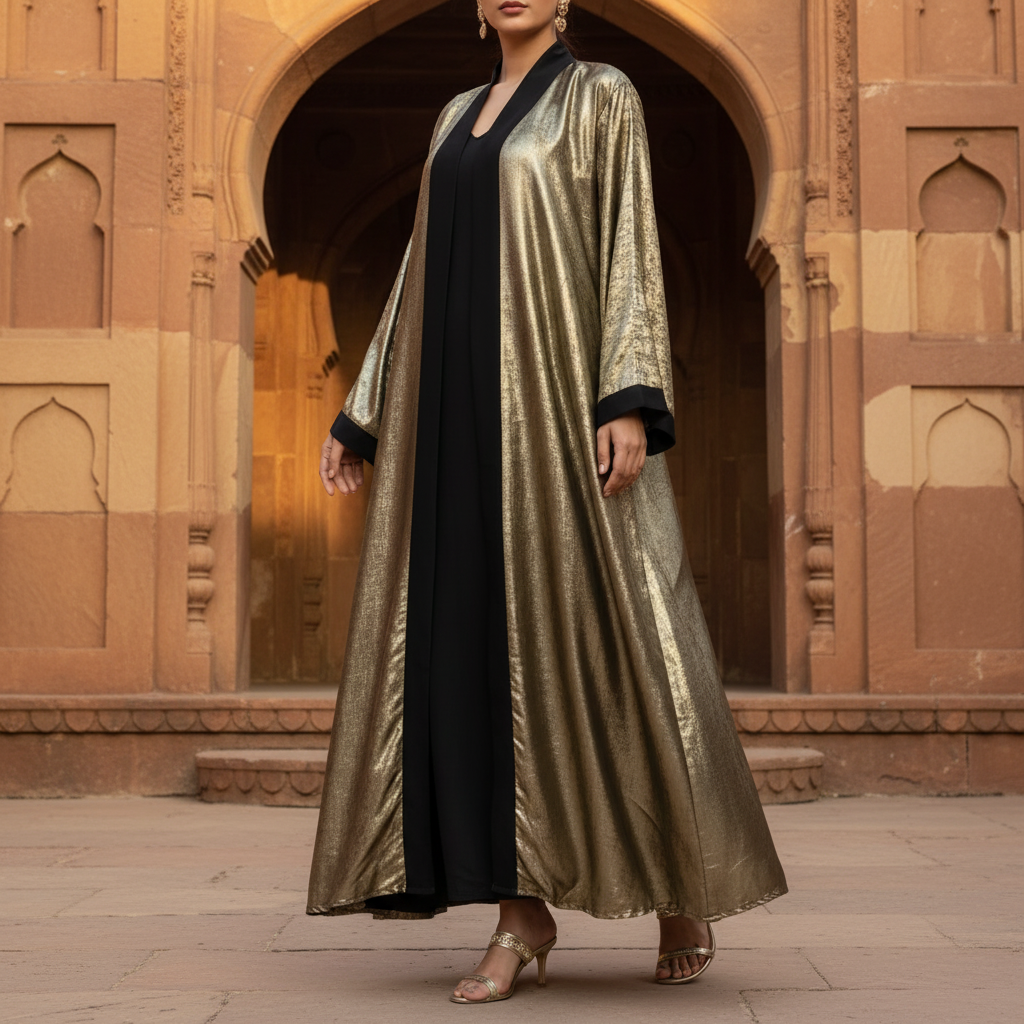 Luxury Metallic Gold Abaya – Free Size Glam Evening Wear | Naqab Always