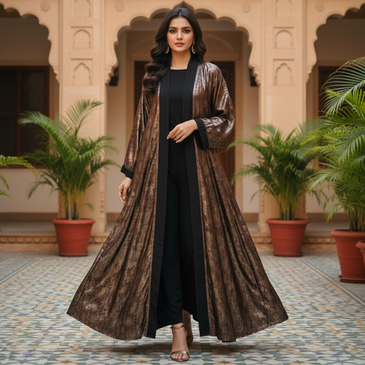 Royal Bronze Shimmer Abaya with Black Contrast – Free Size Sparkle Evening Wear | Naqab Always