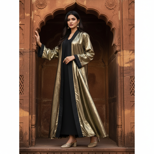 Luxury Metallic Gold Abaya – Free Size Glam Evening Wear | Naqab Always