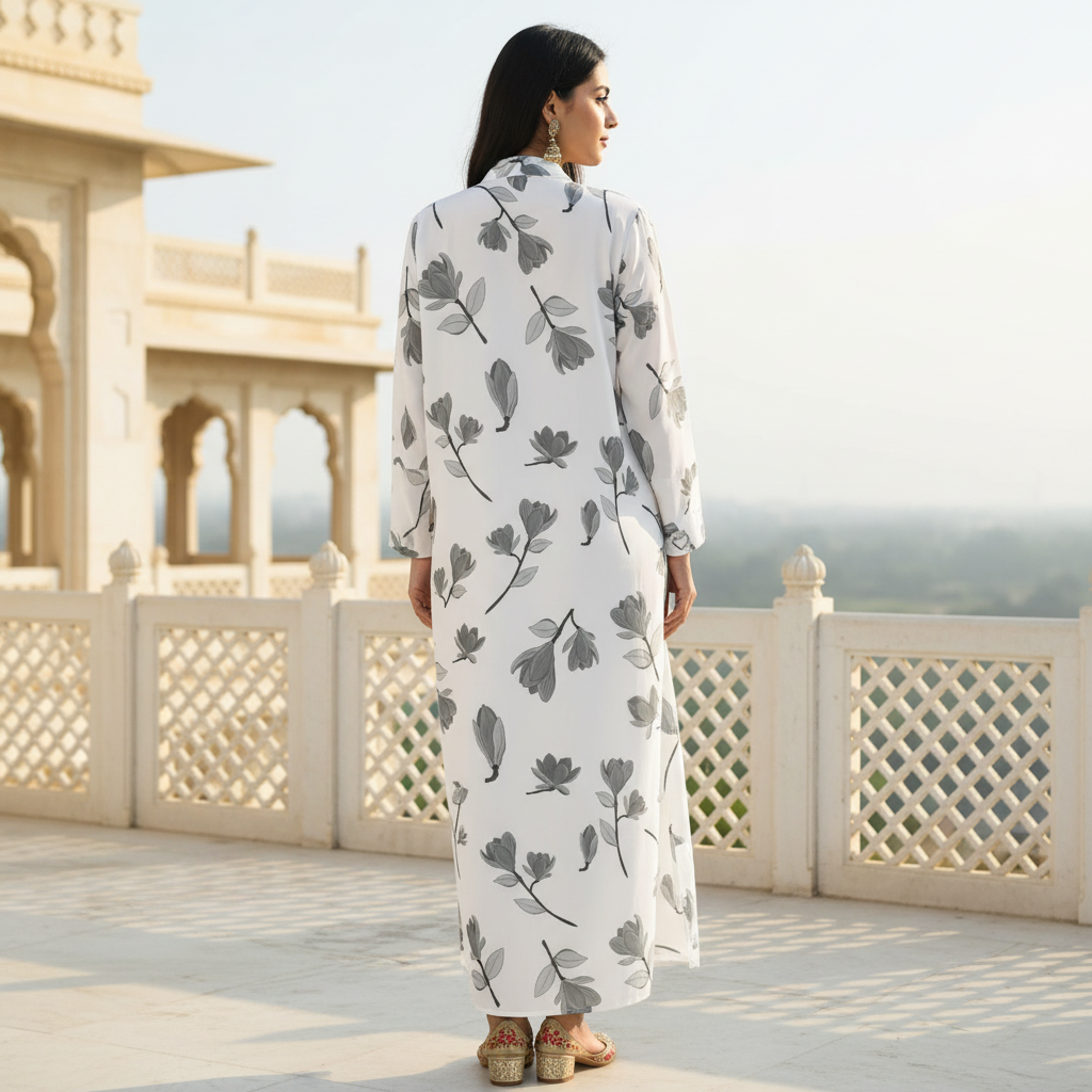 White Floral Elegance Free Size Naqab/Abaya – Lightweight Floral Print | Naqab Always