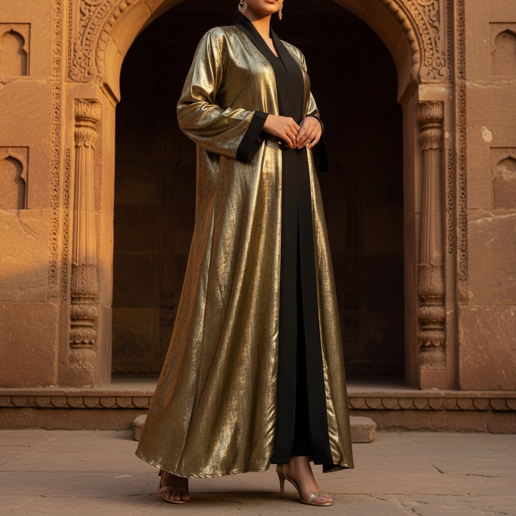 Luxury Metallic Gold Abaya – Free Size Glam Evening Wear | Naqab Always