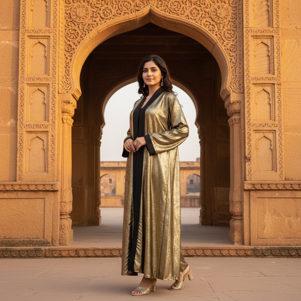 Luxury Metallic Gold Abaya – Free Size Glam Evening Wear | Naqab Always